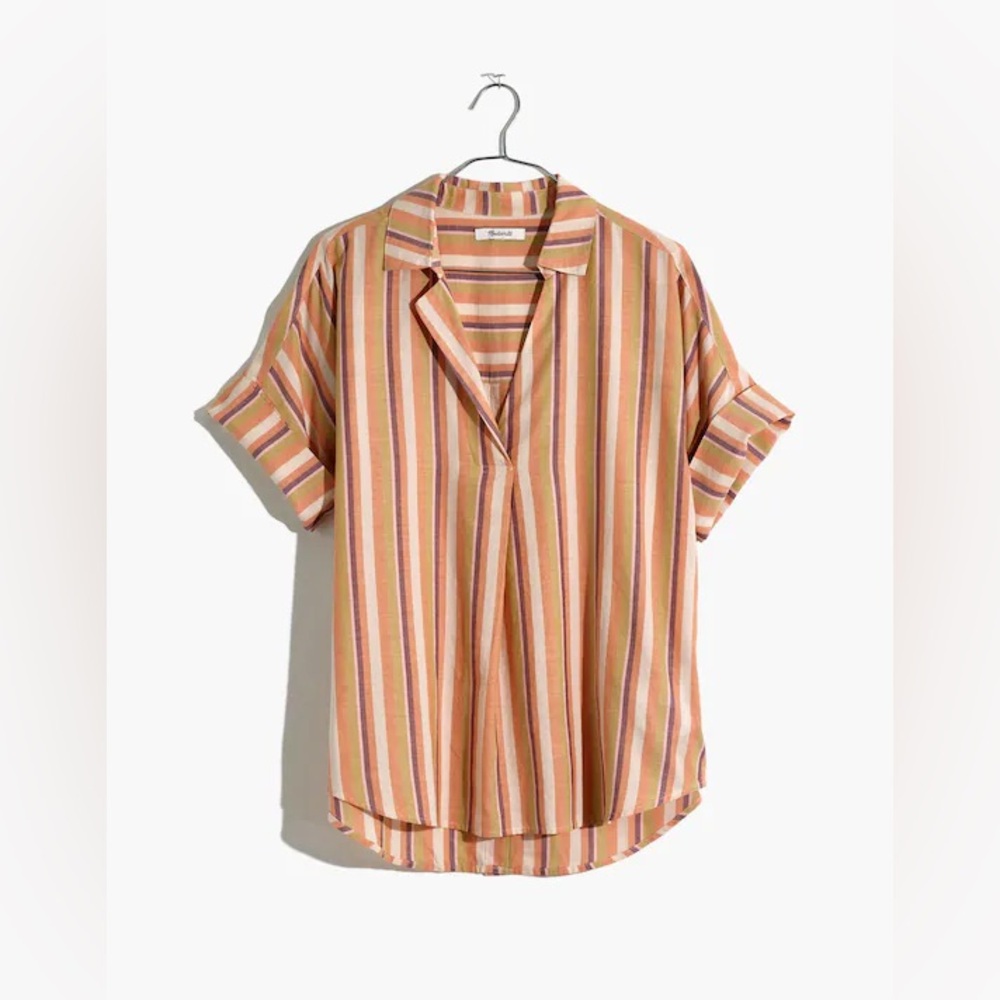 Madewell Short-Sleeve Striped V-Neck Blouse in Peach, Ivory & Taupe